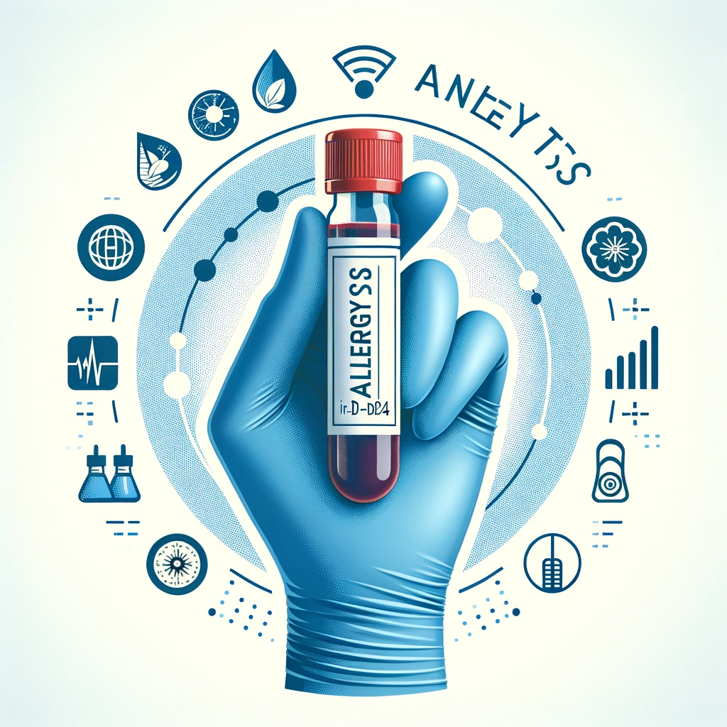 DALL·E 2023-11-26 13.38.24 - Create an image for an Allergy Analysis service adapted to the IV-doc24 website. The image should feature a gloved hand holding a blood vial labeled f