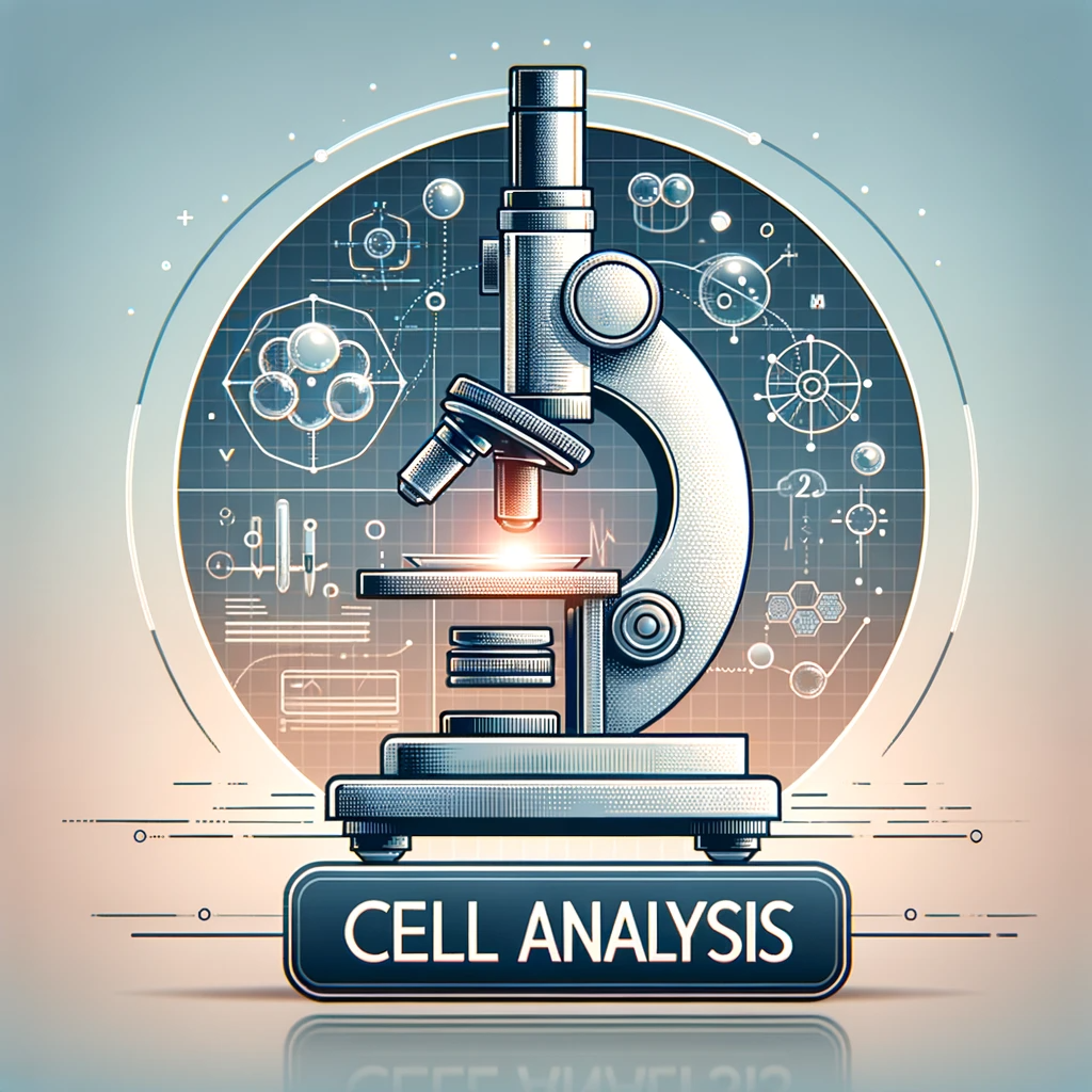 DALL·E 2023-11-26 13.42.15 - Create an image for the IV-doc24 website representing a Cell Analysis service. The image should include a microscope and be labeled 'CELL ANALYSIS' in